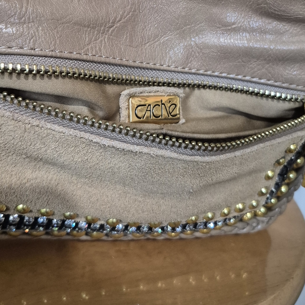 Cache Tan Leather Gold Beaded Rhinestone Wristlet - Picture 13 of 14